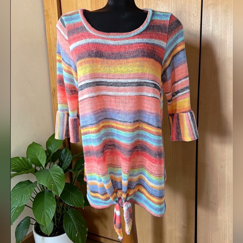 Vintage Y2K Rainbow Striped Tie-Hem Ruffled Sleeves Lightweight Knit Tunic Top